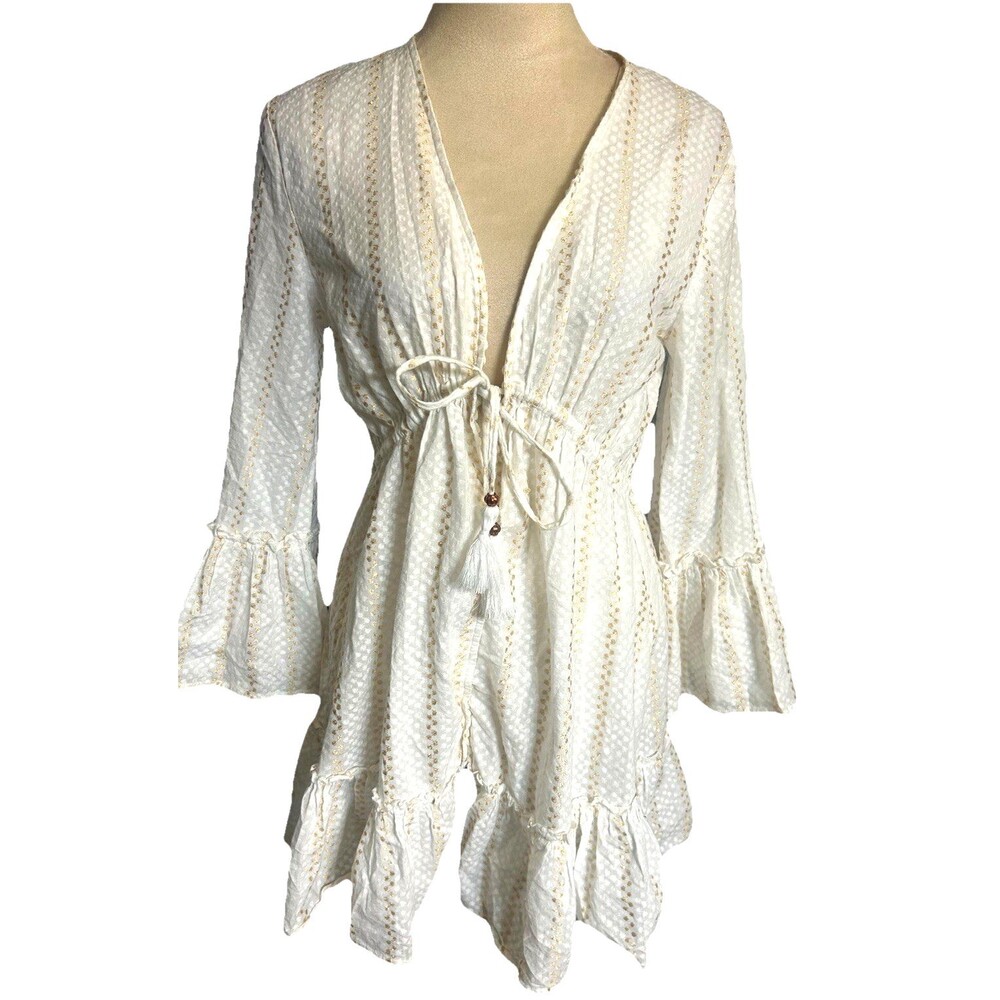Hers & Mine  Womens S Cotton Ivory Swiss Dot Tassel Crochet Lining Mini Dress